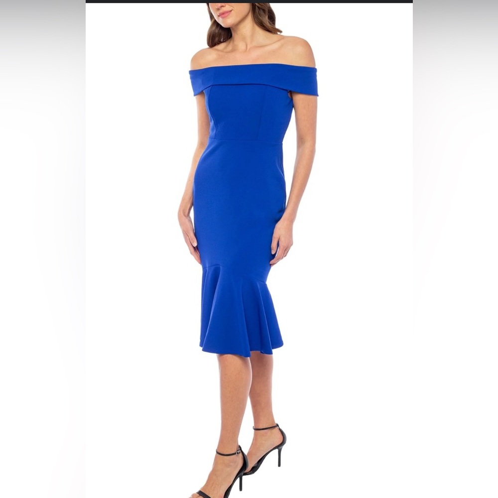 Marina Off-the-Shoulder Cap Sleeve Stretch Crepe Mermaid Midi Dress